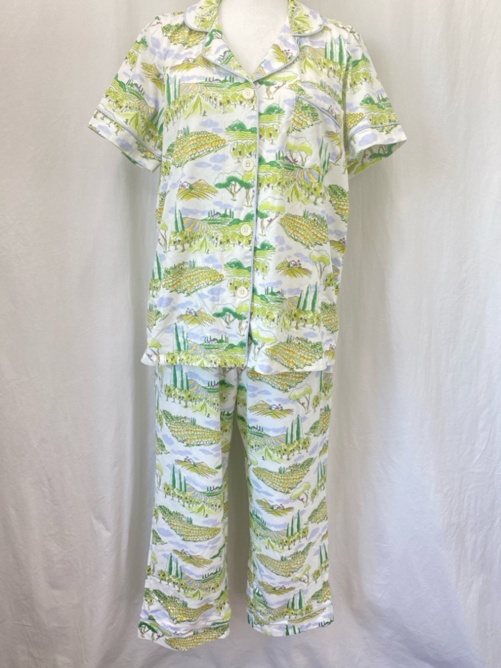 BedHead Pajamas "Wine Country" vineyard Green White Stretch Jersey Cropped MED - Picture 12 of 17